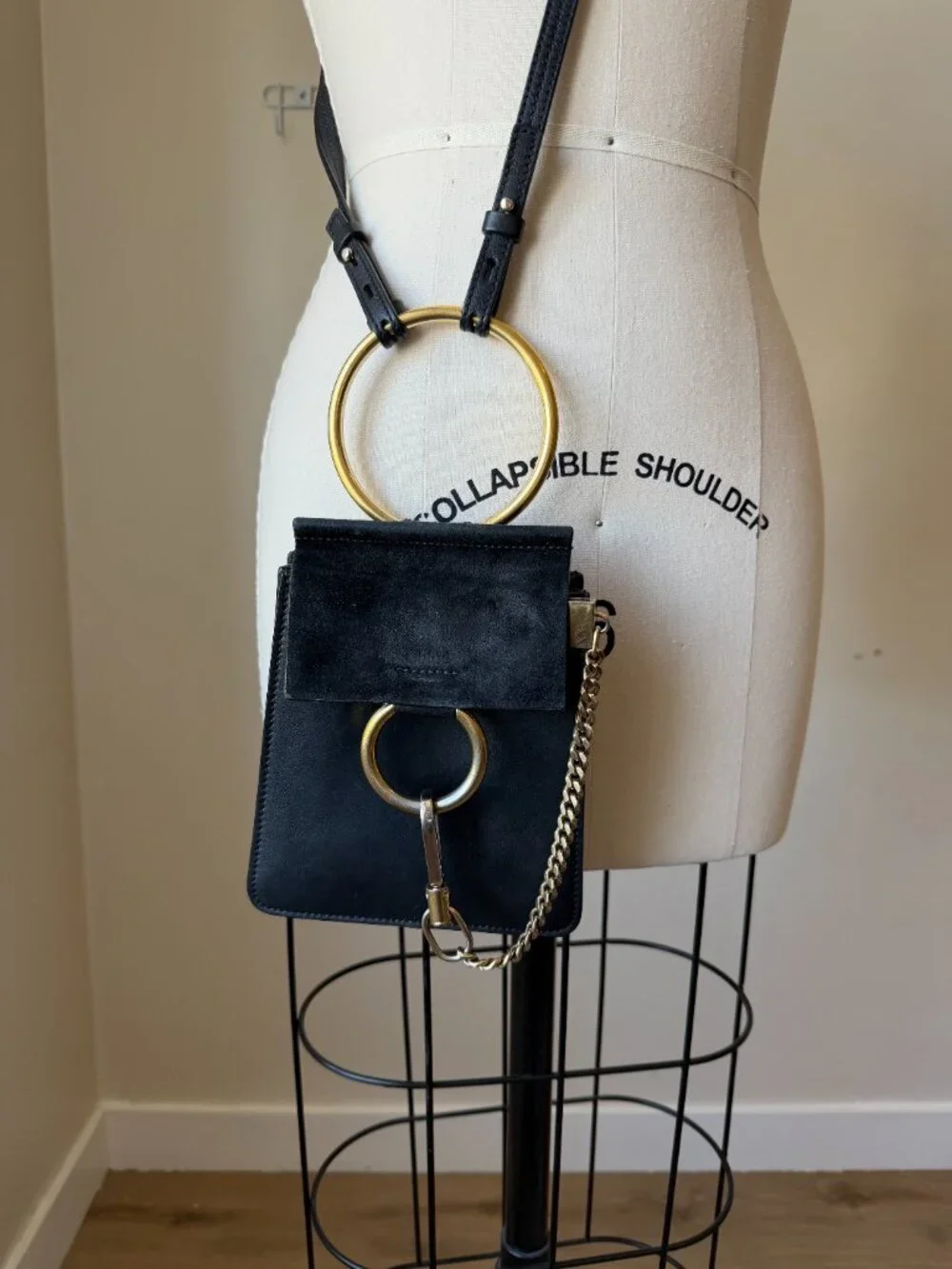 Chloe Faye Mini Bracelet Bag | Black Suede Leather Crossbody | Designer Purse